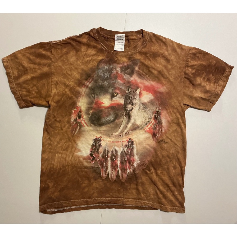The Mountain Wolf Dreamcatcher Patriotic July 4 Tie Dye‎ T-Shirt Brown Mens M